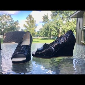 Toms black sequin wedges size 7